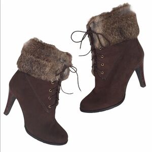 Emanuelle Vee Fur Cuff Ankle Lace up Heeled Boots